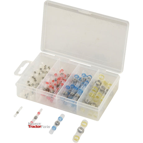 The Sparex Heat Shrink, Double Tin Sleeve Terminal Kit (S.153131) includes 90 pieces of assorted heat shrink terminal connectors in various colors and sizes, neatly organized in a plastic box with a transparent lid, ideal for wire splices.