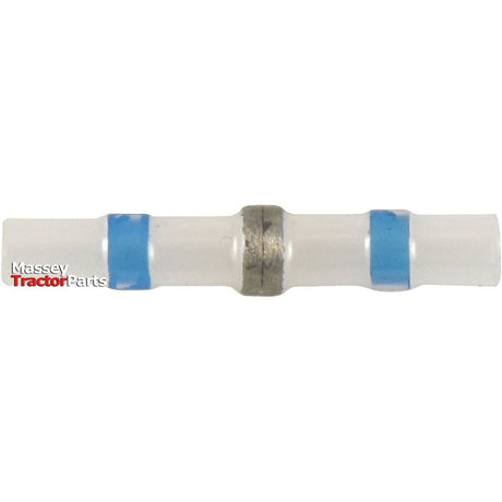 Image of a transparent Heat Shrink, Double Tin Sleeve Terminal from the Sparex kit (90 pcs., S.153131) with blue and metal accents, commonly used for wire splices. The "Massey Tractor Parts" logo is visible in red and gray text.