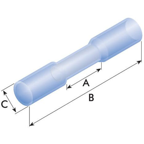 An illustration of the Heat Shrink Insulated Connector - Blue (Sparex Part No. S.13405) with labels for dimensions A, B, and C. The diagram includes details on Maximum Wire Thickness and insulation specifications from Sparex.