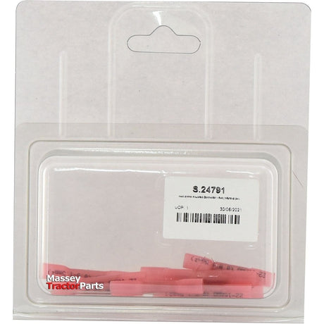 A clear plastic package containing small red heat shrink insulated connectors from Sparex, featuring the code S.24791 and other details, is branded with Agripak for reliable quality.