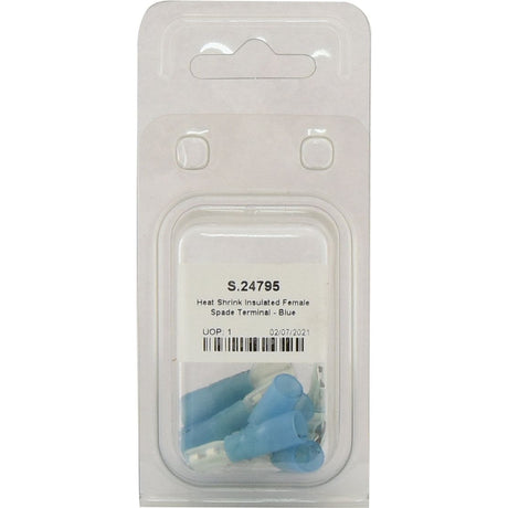 A package of ten heat shrink insulated female spade terminals in blue, labeled as Agripak with Sparex Part No. S.24795.