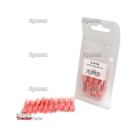 A pack of Heat Shrink Insulated Female Spade Terminals - Red (10 pcs. - Agripak) is displayed with the packaging. The package and terminals are labeled as "S.24794" by Sparex, a brand known for exemplifying Agripak quality and reliability.