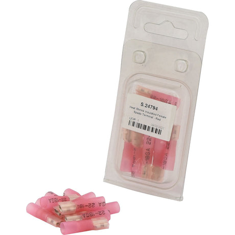 A package of Heat Shrink Insulated Female Spade Terminals - Red (10 pcs. - Agripak), branded under Sparex (Sparex Part No.S.24794), is displayed alongside several loose red insulation wire connectors on a white background.