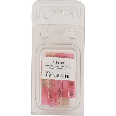 The package of 10 Sparex Heat Shrink Insulated Female Spade Terminals (Red), labeled "S.24794," also features a barcode and the date "09/02/2021.