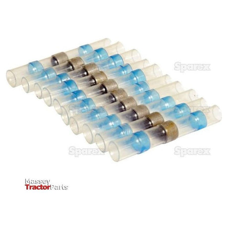 A set of ten Heat Shrink Insulated Solder Connectors arranged in two rows. Some connectors feature a blue ring, indicating compatibility with different wire thicknesses. The Massey Tractor Parts logo is at the bottom left corner, and the set is branded as Sparex Part No.S.28217 under the product name "Heat Shrink Insulated Solder Connector Blue (10 pcs. Agripak).