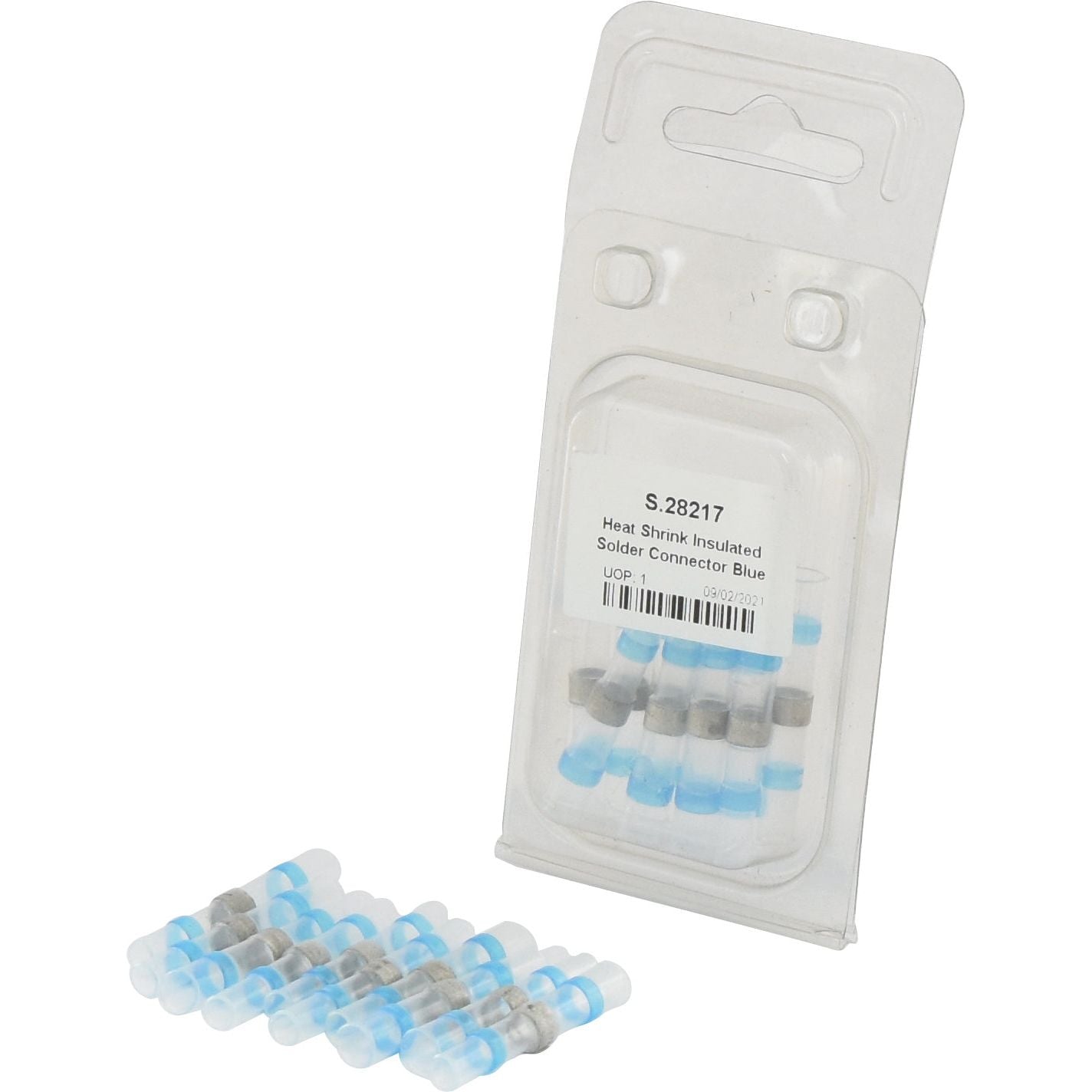 The Sparex package of Heat Shrink Insulated Solder Connectors Blue (10 pcs. Agripak) with several blue connectors visible in and out of the packaging, capable of accommodating various wire thicknesses.