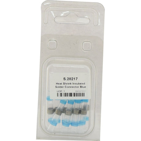 A package labeled "S.28217," containing Sparex Heat Shrink Insulated Solder Connectors in blue from Agripak, features a visible pack of connectors through the transparent plastic and is suitable for various wire thicknesses.
