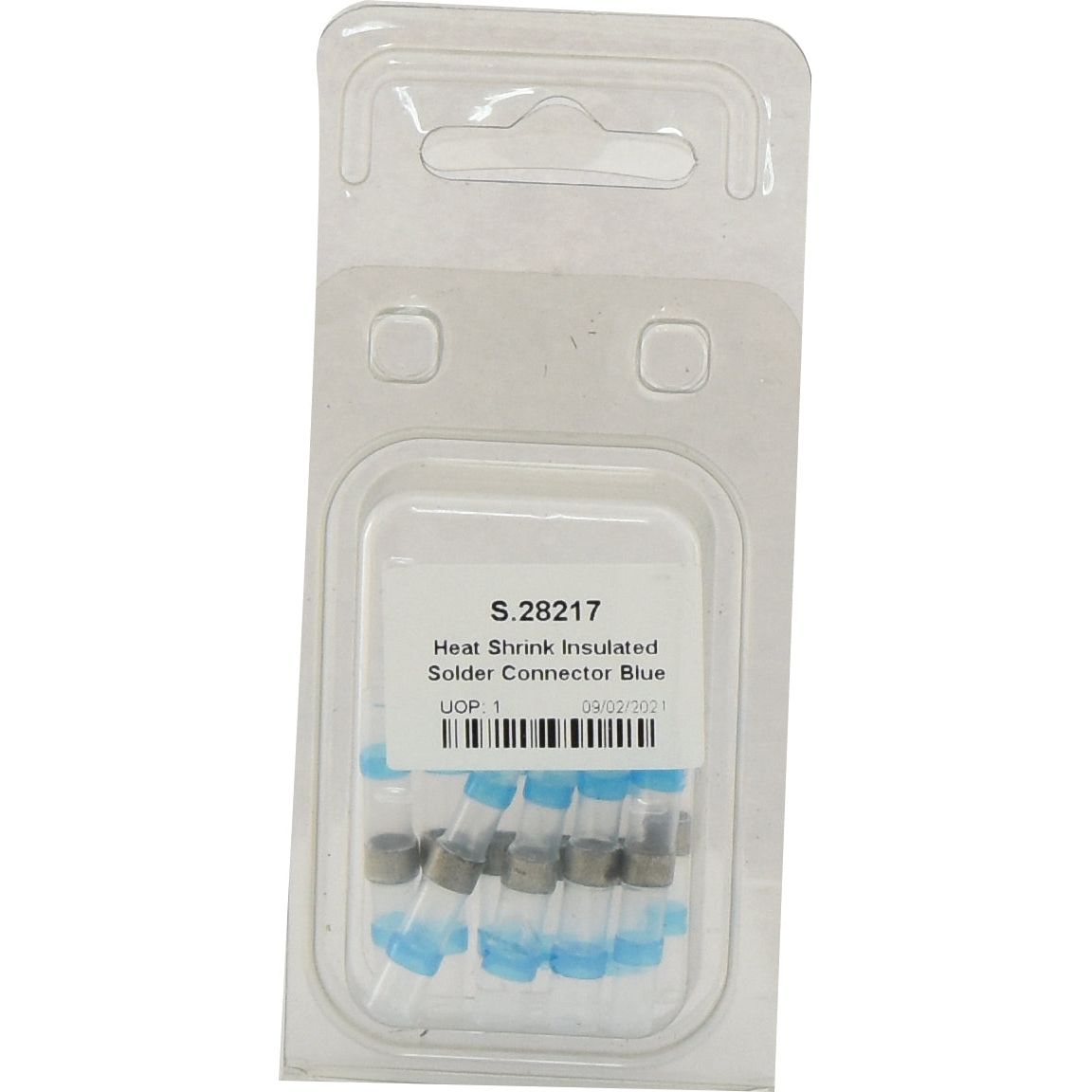 Package of 10 blue heat shrink insulated solder connectors by Sparex, labeled S.28217, packaged by Agripak and dated 09/30/2021. Ideal for varying wire thickness applications.