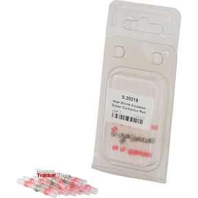 A package of Sparex Heat Shrink Insulated Solder Connectors, labeled "Heat Shrink Insulated Solder Connector Red (10 pcs. Agripak) | Sparex Part No.S.28219," with a few red connectors displayed outside the package next to it.