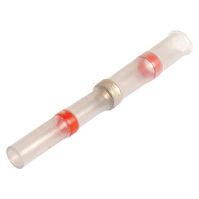 The Heat Shrink Insulated Solder Connector Red from Sparex (Part No. S.792341) features red color-coded rings and a metallic band in the center, making it ideal for connecting wires of various thicknesses.