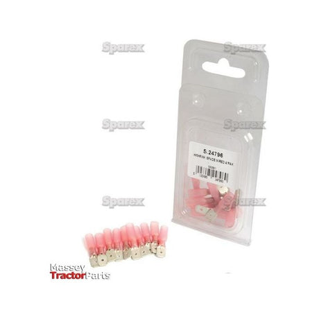 Package containing multiple red heat shrink male spade terminals with insulation, labeled as item S.24796, alongside several connectors removed from the packaging, with "Massey Tractorparts" logo and a subtle mention of Sparex visible.