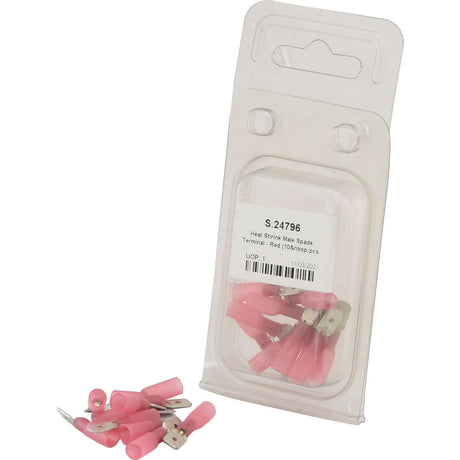 Clear plastic package containing red heat shrink male spade terminals with insulation, some placed in front of the package. Label shows Sparex Part No. S.24796 and details.
