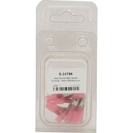 A package of Sparex Heat Shrink Male Spade Terminals in red, labeled "Sparex Part No.S.24796," containing 10 pieces in an Agripak, offers superior insulation for your electrical needs.