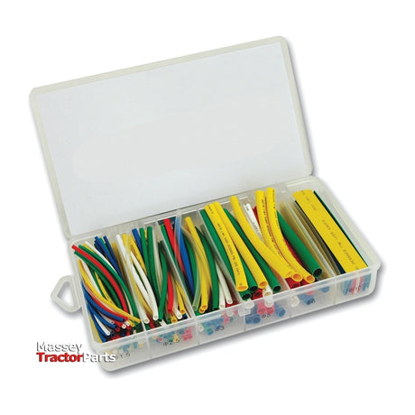 A clear plastic organizer box containing a pack of 155 pieces of Heat Shrink Sleeving in various colors and sizes from Ø 1.5 to 10mm, with the lid propped open. The Sparex logo is visible on the bottom left corner, referencing Sparex Part No.S.31126.