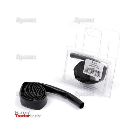 The Sparex Heat Shrink Sleeving (Ø12.7-6.4mm x 1M) product, identified as Sparex Part No.S.3535 and packaged in its transparent plastic wrap, includes the label and a coiled black rubber fuel pipe from Agripak.
