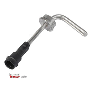 Introducing the AGCO Massey Ferguson Heater - 4292565M1, a metal tractor part designed specifically for Massey Ferguson models such as the MF 6460 T3. It features a black rubber connector on one end and an L-shaped metal rod on the other, labeled "Massey Tractor Parts.