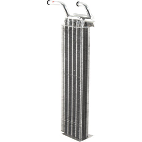 The Heater Matrix (Sparex Part No. S.152510) by Sparex is a tall, rectangular metallic object featuring a series of parallel fins and two protruding pipes on top, commonly seen in Ford New Holland machinery.