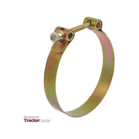 The Sparex Heavy Duty Hose Clip: Ø122-130mm, Sparex Part No. S.11399, features an adjustable screw mechanism and is commonly used in automotive and mechanical applications. Made of galvanized steel, this robust hose clamp is marked with "Massey Tractor Parts" in the bottom left corner.