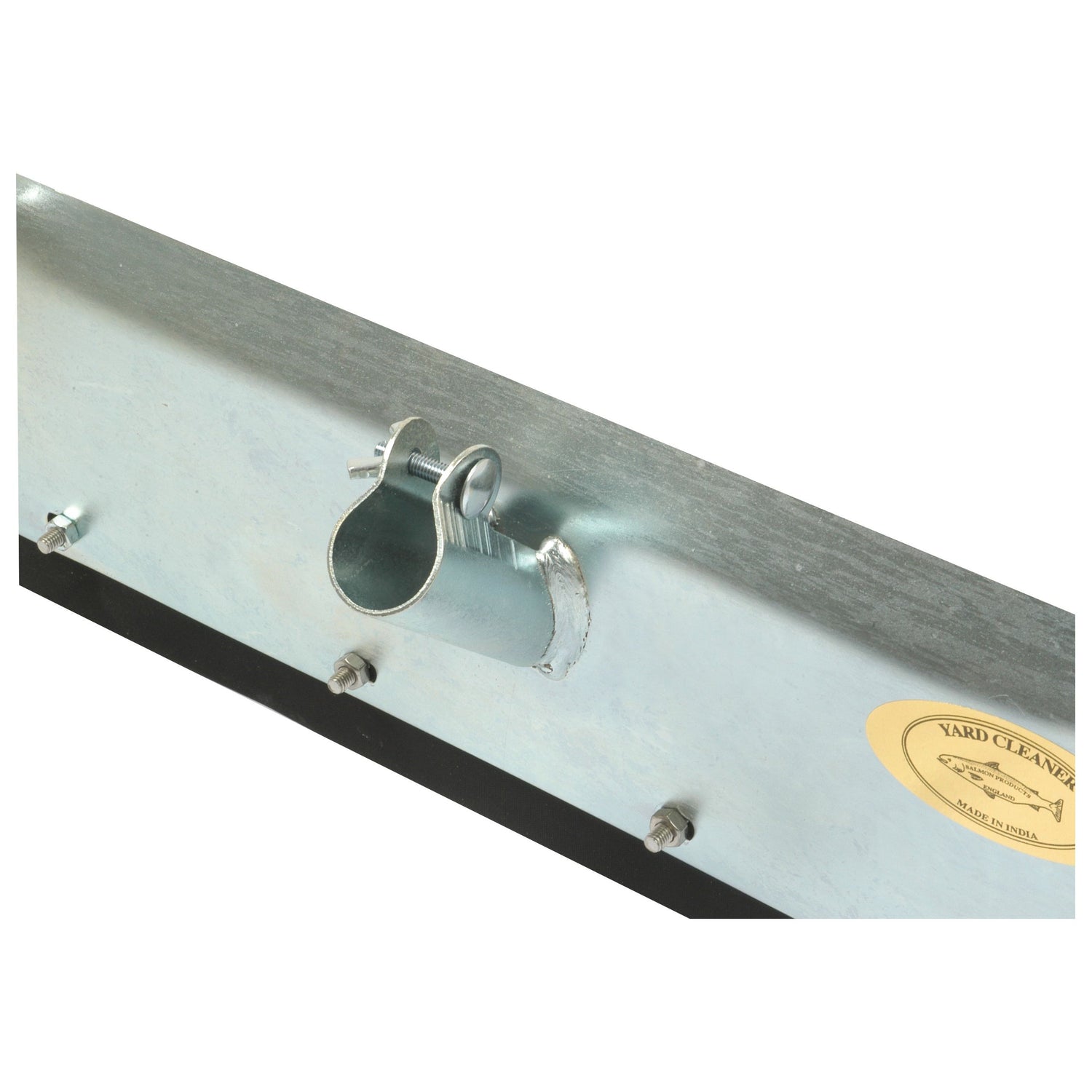 Close-up of a Sparex Heavy Duty Squeegee (Part No. S.21739) attachment featuring a cylindrical connector and bolt fastening mechanism, adorned with a product information sticker. The 610mm blade is made from zinc-plated steel for enhanced durability.