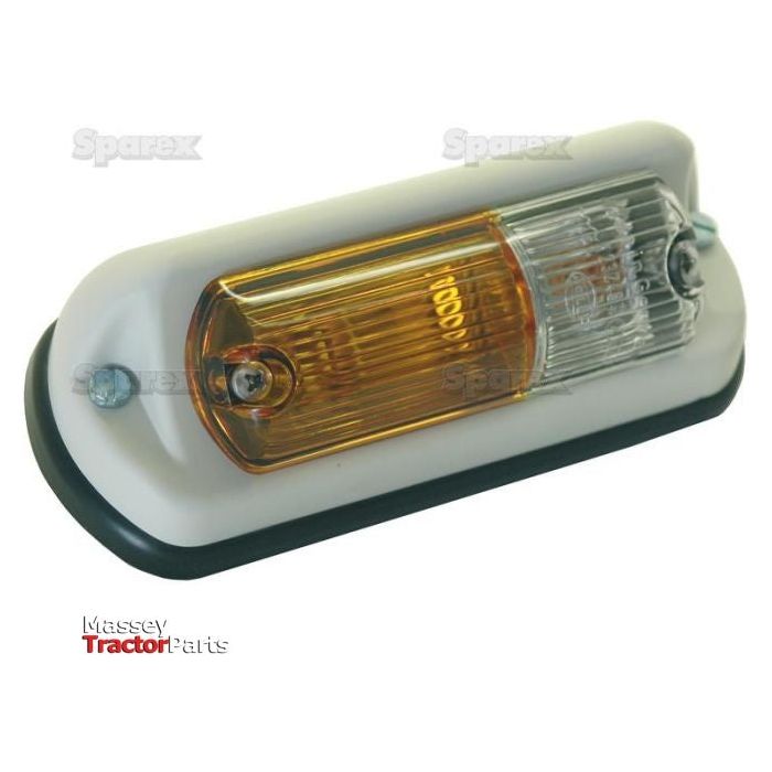 The Front Combination Light (Halogen), 6/12V, RH, Straight - S.31904 by Sparex features a rectangular vehicle light with an amber and clear lens. It has a white base with black rubber trim and utilizes a halogen light source for optimal brightness. The product is labeled "Massey Tractor Parts" on the bottom left.