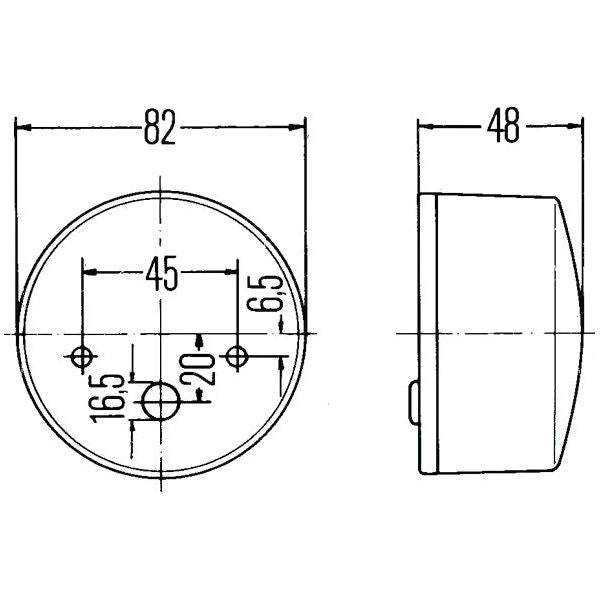 Technical diagram illustrating a cylindrical object reminiscent of the precision found in Hella components, depicted from both front and side views. The front view features measurements with an outer diameter of 82 mm, inner dimensions of 45 mm and 20 mm. The side view indicates a depth of 48 mm. The design closely aligns with the specifications of the Sparex Front Combination Light (Halogen), 12/24V, RH & LH, Straight - S.56134.