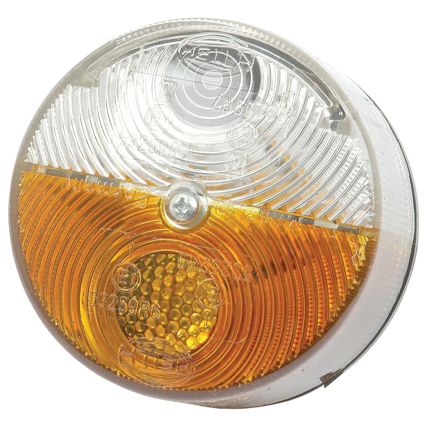 The Sparex Front Combination Light (Halogen) 12/24V, RH & LH, Straight - S.56134 is a round vehicle light featuring a clear top half and an amber bottom half, with a central dividing screw and surface text embossed on the lens.
