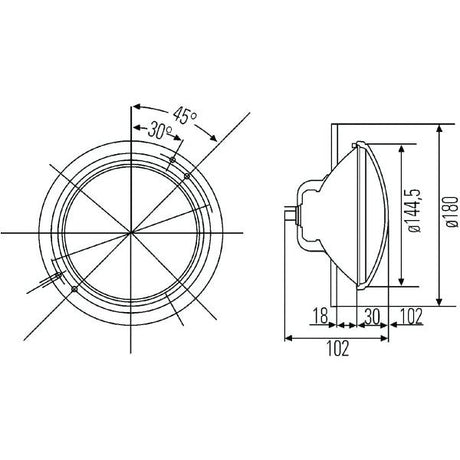 Technical drawing of the circular Sparex Head Light (Halogen), RH & LH, RH Dip, 12V - S.75956 showing front and side views with labeled measurements: diameter 180 mm, depth 102 mm, and angles 30° and 45°.