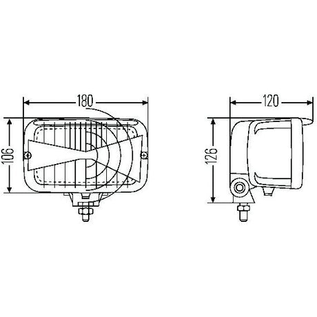 Technical drawing of a Sparex Halogen Head Light (Straight) - S.35509 shown from the front and side view, with dimensions labeled as 180 mm width, 106 mm height from the front, and 120 mm depth, 126 mm height from the side.