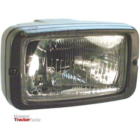 A rectangular tractor headlight with a clear lens and black casing, branded with "Sparex" and "Massey Tractor Parts," featuring Hella halogen technology, named the Halogen Head Light (Straight) - S.35509.