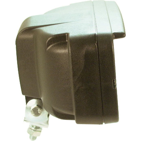 Side view of the Sparex Halogen Head Light (Straight) - S.35509, a black plastic electrical component with a metal mounting bracket designed to fit seamlessly in John Deere machinery.