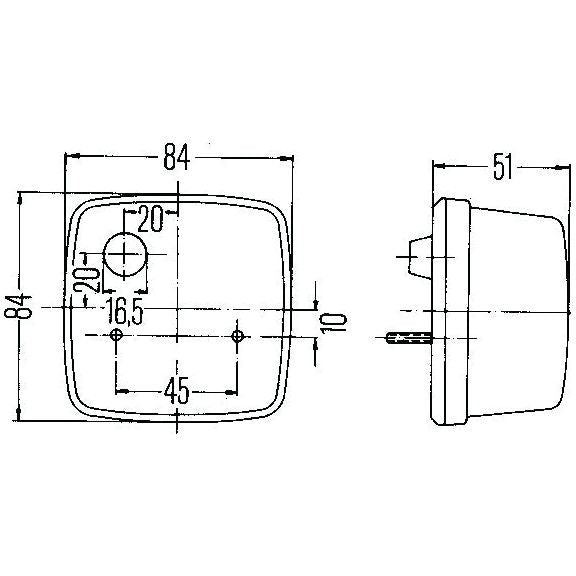 Technical diagram of the Indicator Light (Halogen) by Sparex, model S.56037, showcasing front and side views with precise dimensions. The front view measures 84x84 mm and includes specified screw and hole positions. The side view indicates a depth of 51 mm. The diagram also highlights an Amber Lens option compatible with Hella Bulb, rated IP5K9K for enhanced durability. This product supports RH & LH configurations at 12/24V.
