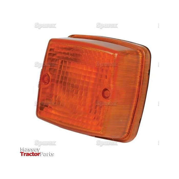 Orange rectangular indicator light with a clear, textured lens and an attached black mounting bracket, labeled "Sparex," featuring a durable IP5K9K rating for use with both 12V and 24V systems, right-hand (RH) and left-hand (LH) configurations - S.56037.