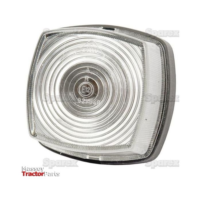 The Marker Light - Front Facing (Halogen), RH & LH, 12/24V - S.56024 from Sparex features a square-shaped clear housing with concentric circular ridges and an 'E12' marking at the center. It is made from durable polycarbonate material. The background displays the repeated "Sparex" logo, with "Massey Tractor Parts" written at the bottom left corner.
