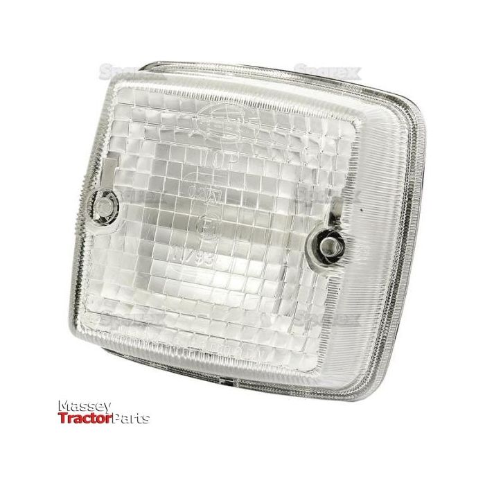 Square, transparent marker light cover with a clear lens, branded "Sparex" and showing screw holes for attachment. Perfect for those using Hella halogen lights, known as the Marker Light - Front Facing (Halogen), RH & LH, 12/24V - S.56034.