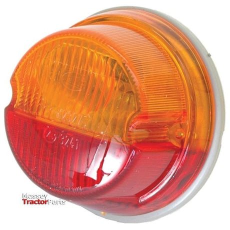Close-up view of a round, dual-colored orange and red Rear Combination Light (Halogen), RH & LH, 12V - S.56096 from Sparex, featuring a durable polycarbonate lens.