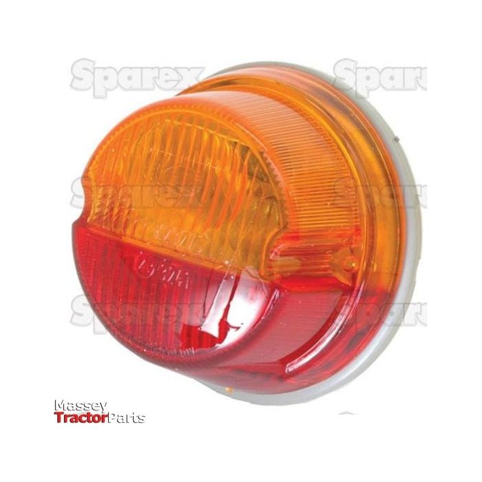 Close-up of a round amber and red Rear Combination Light (Halogen) assembly with a polycarbonate lens against a white background, featuring the words "Sparex" and "Massey Tractor Parts" in the background. The model is S.56096 (12V), offering both right-hand and left-hand functionality.
