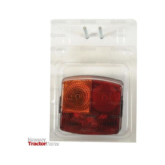 A packaged square red and amber tractor tail light with the brand name "Sparex" in the background and the "Massey Tractor Parts" logo on the bottom left, featuring durable halogen technology. This Rear Combination Light (S.20053) offers 4 functions: Brake, Tail, Indicator, and Number Plate for the LH side and operates on 12V.