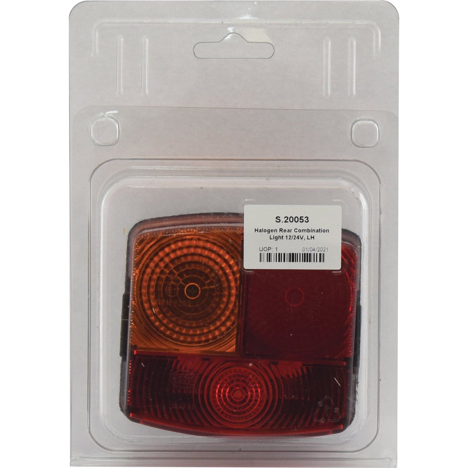 Packaged Rear Combination Light (Halogen) with Brake, Tail, Indicator, and Number Plate functions for LH use (12V), featuring red and amber lenses in a square design, labeled as S.20053 by Sparex.