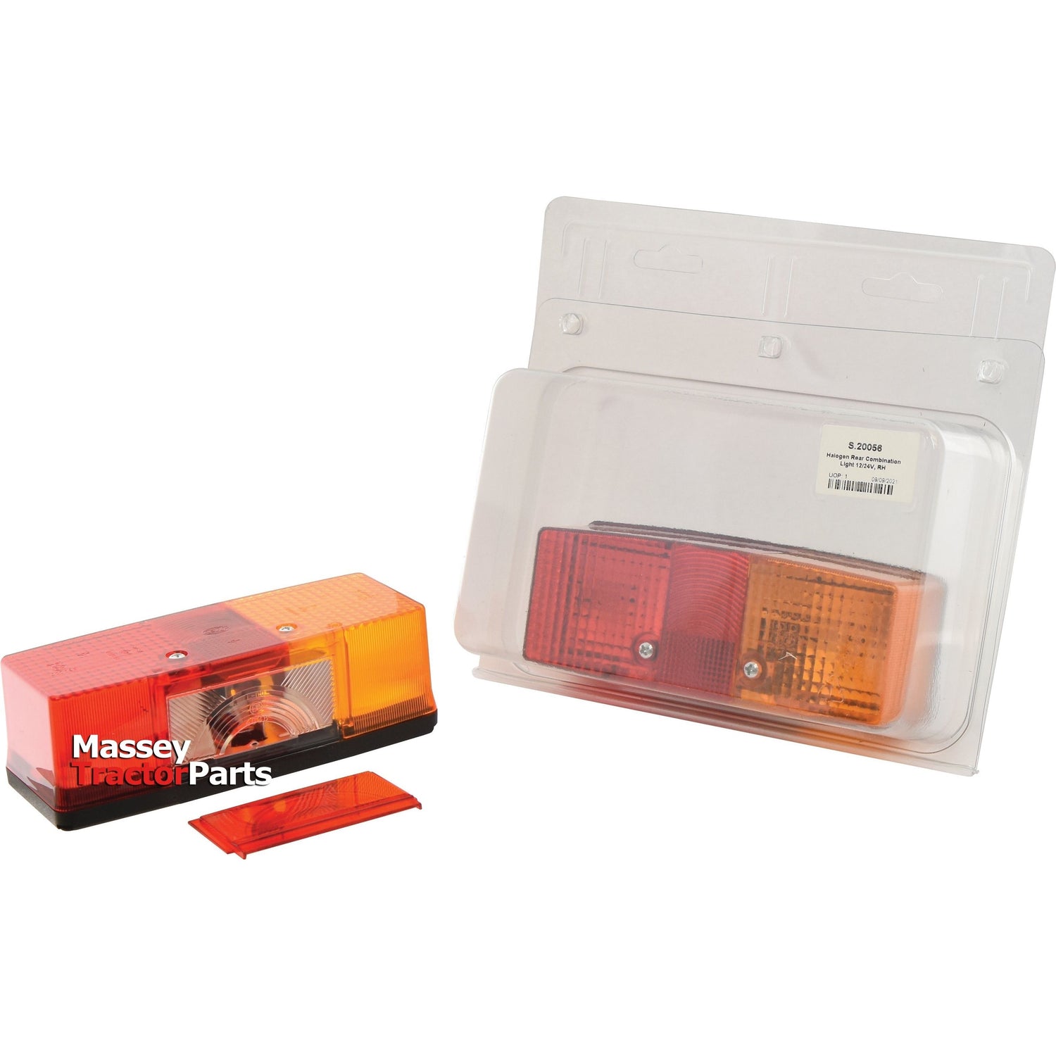 The Rear Combination Light (Halogen) from Sparex, model S.20056, includes one right-hand light out of its packaging and one in a clear plastic pack. Designed for brake, tail, and indicator functions at 12/24V, the lights come in red and amber colors with "Massey Tractor Parts" on the side.