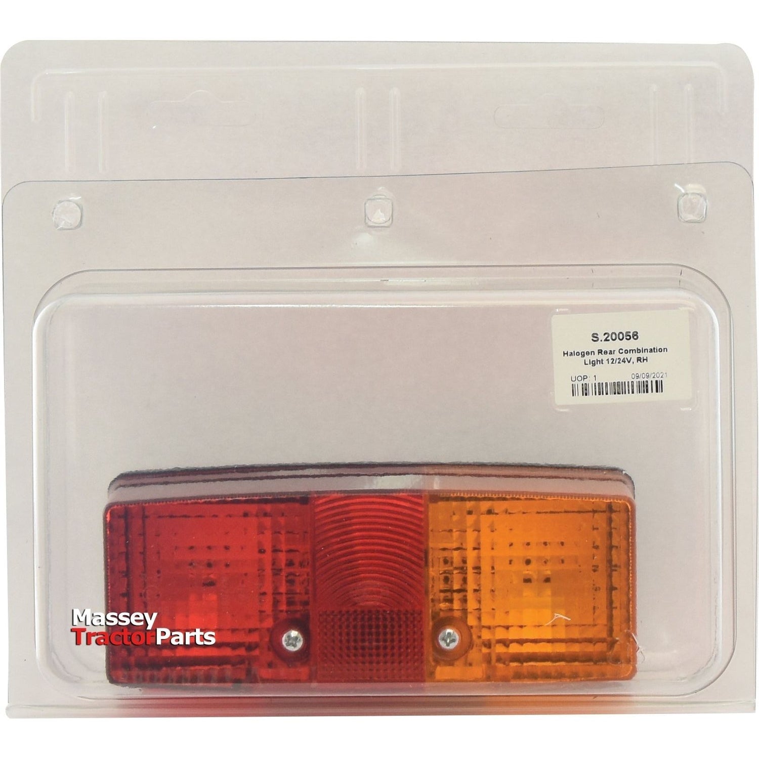 A packaged Sparex halogen rear combination light, S.20056, featuring red and amber lenses. The packaging includes the text "Massey Tractor Parts" and is suitable for Brake/Tail/Indicator functions at 12/24V.