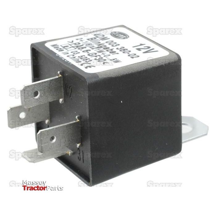 A 12V electrical relay with four metal prongs and a mounting bracket, labeled with specifications on its top. The background features logos of Massey Tractor Parts and Sparex, along with the part number Sparex S.43933 for easy identification.