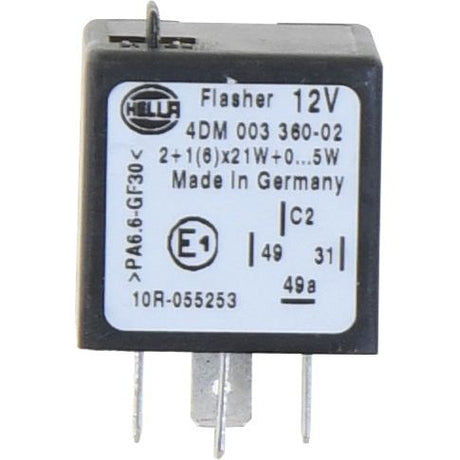 A square 12V flasher relay by Sparex, part number S.43933, with specifications labeled on it and metal connectors at the bottom, perfect for Massey Ferguson tractors. Made in Germany.