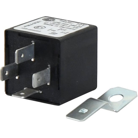 A black, rectangular electrical relay by Sparex (Hella Model 4DM00336002) with four metal prongs and a separate metal bracket lying next to it, perfect for use in Massey Ferguson machinery. The product is listed as Relay | Sparex Part No.S.43933.