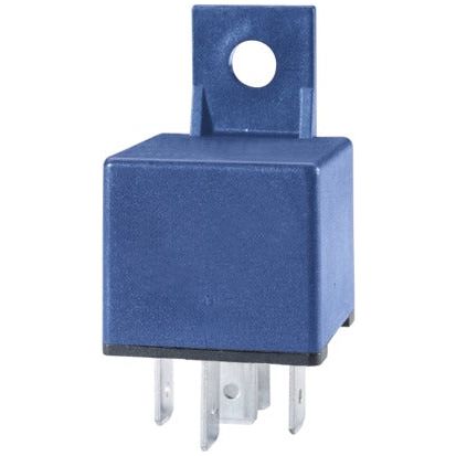 A blue, rectangular Hella relay with four metal pins, a hole for mounting at the top, compatible with John Deere and rated at 12V 40 Amps can be referred to as the Relay | Sparex Part No.S.58853 from the Sparex brand.