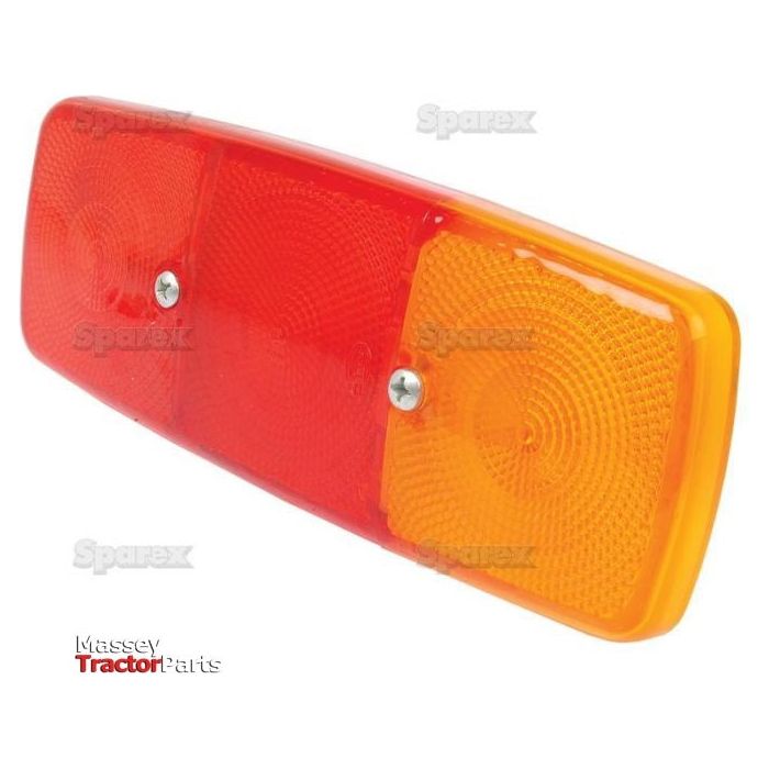 Rectangular tractor tail light featuring a red and amber polycarbonate lens, attached with two screws. The Sparex brand name appears in the lower left corner, fitting models S.56058, S.56059, S.56067 & S.56068 under Sparex Part No.S.56142.