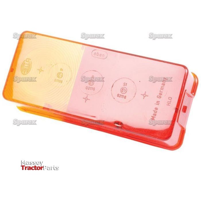 The rectangular Replacement Lens (Part No. S.56145) for Massey Tractor parts by Sparex features 'Sparex' branding and includes red and orange sections with technical markings. This Rear Right Light replacement lens is labeled 'Made in Germany' with 'HLO' inscribed and is compatible with Hella systems.