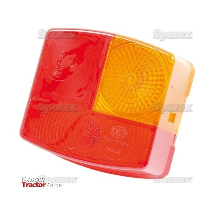 Image of a rectangular red and amber plastic tractor tail light cover labeled with "Hella" and the model number "134742". The background displays faint "Sparex" logos, with "Massey Tractor" text visible. This Sparex Replacement Lens, part no. S.56156 (fits: S.56082), is compatible with Case IH machinery and is Hella E Approved.