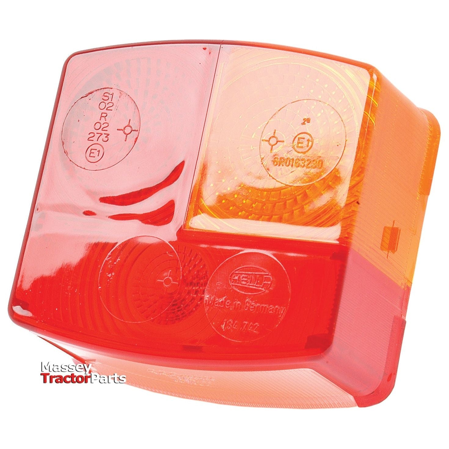 A red and amber rear left light unit with circular patterns and embossed text, marked "Made in Germany" and model numbers. Featuring Sparex branding, this Replacement Lens (fits S.56086 | Sparex Part No. S.56160) offers durability and authentic styling for your machinery.