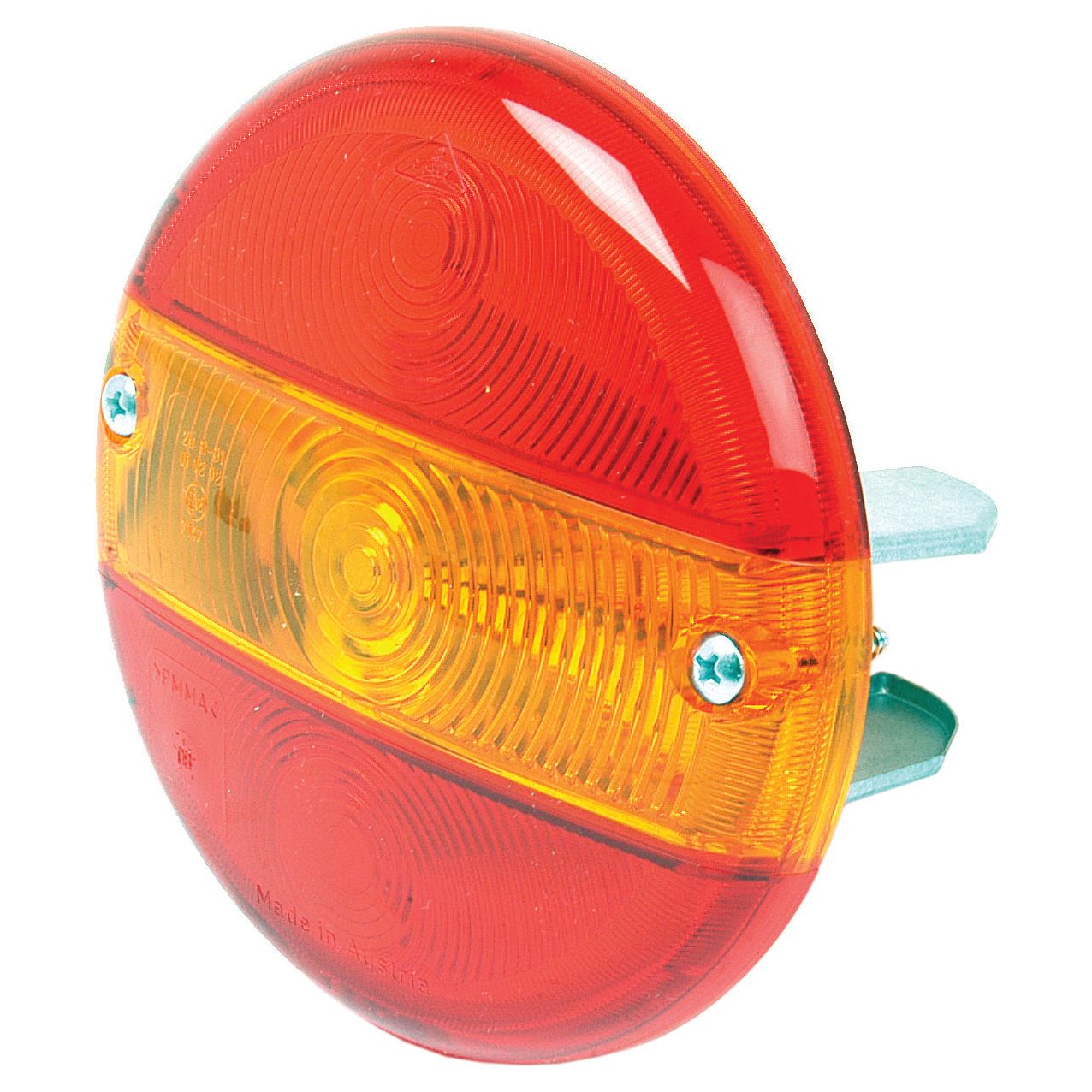 A close-up of a round, two-toned rear light lens cover with a red top half and amber bottom half, secured by screws. This Sparex Replacement Lens (Sparex Part No. S.56060) is designed for perfect fit and durability.