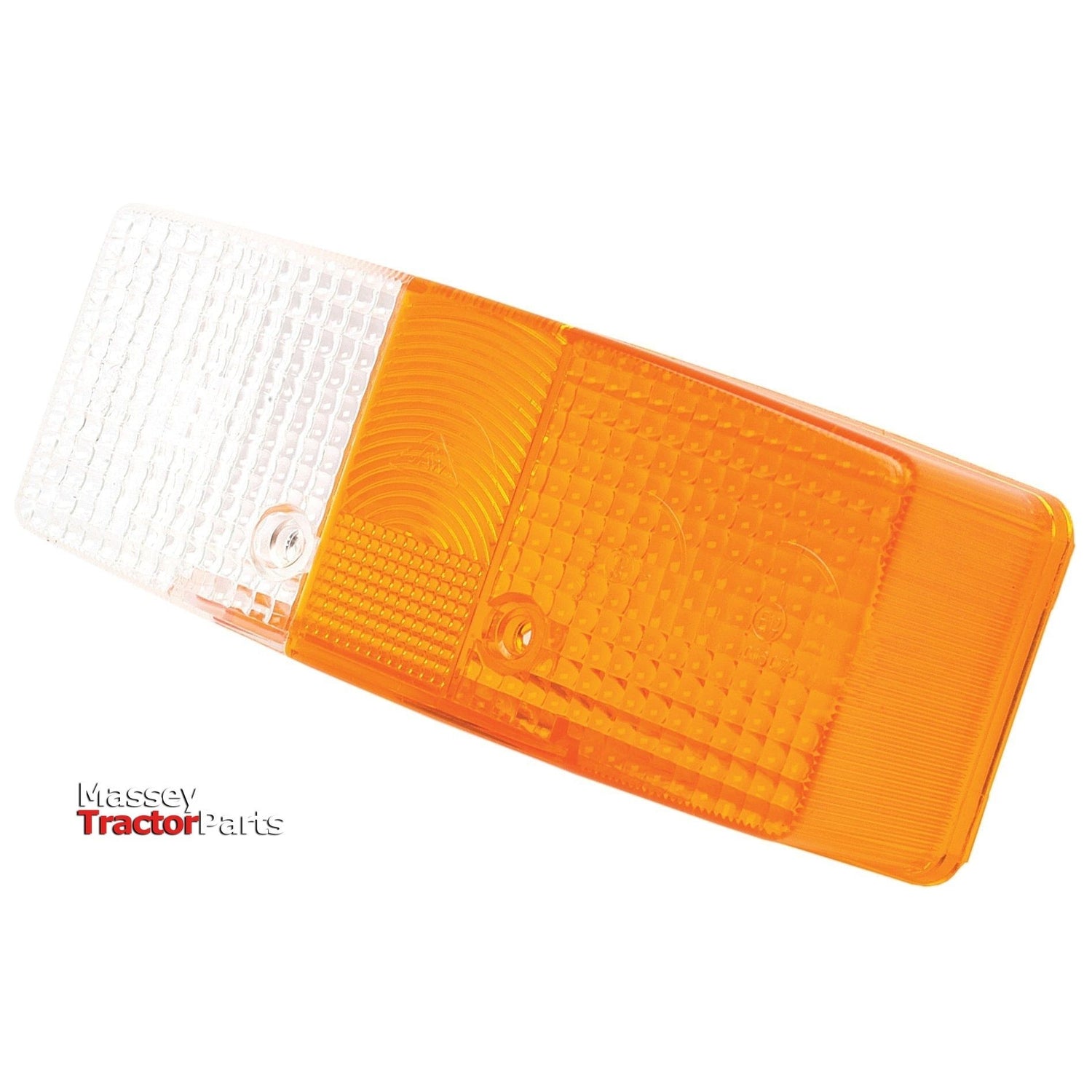 Close-up of a Sparex Replacement Lens, Fits: S.56137 | Sparex Part No.S.56198 Massey tractor part featuring a polycarbonate dual-colored replacement lens, with one side orange and the other side clear, placed against a white background.